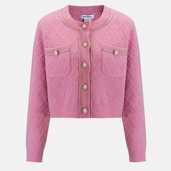 Urban Revivo FLUFFY CONTRAST TRIM FAUX PEARL BUTTON CARDIGAN - Picture 1 of 7